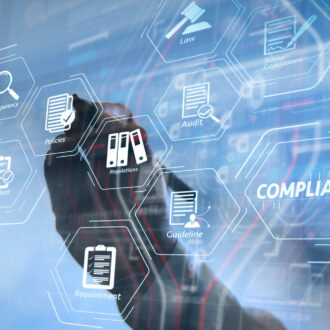 Compliance Virtual Diagram for regulations, law, standards, requirements and audit.co working team meeting concept,businessman using smart phone and digital tablet and laptop computer in modern office