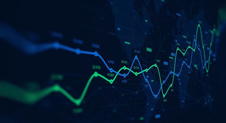 Digital analytics data visualization, financial schedule, monitor screen in perspective